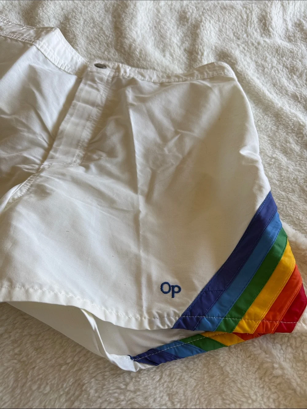 Retro White Men’s swim Shorts with Rainbow Chevron Accent